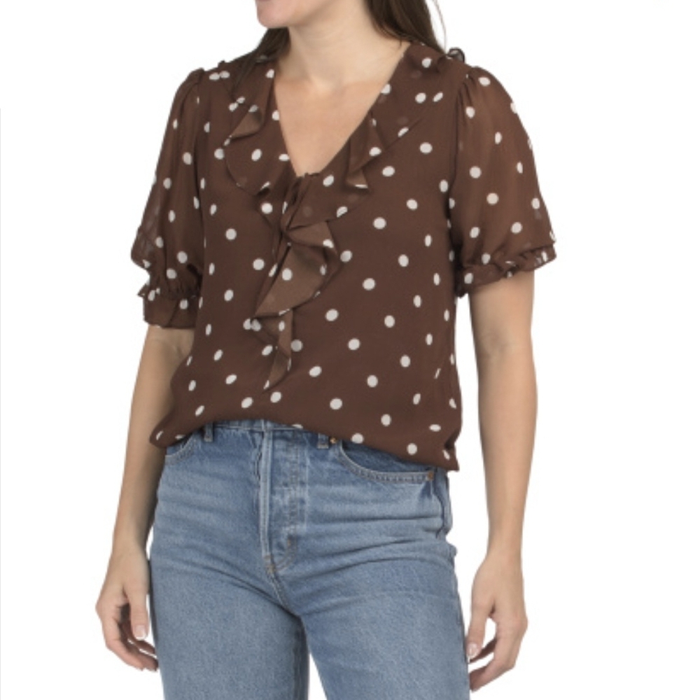 Cupcakes & Cashmere Brown Polka Dot Ruffle Blouse